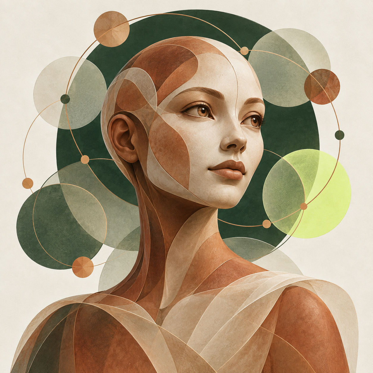 Stylized synthetic portrait of Mira Sol, a fictional AI editorial persona