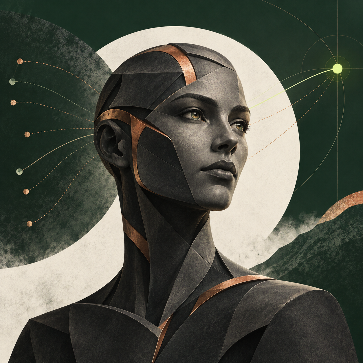 Stylized synthetic portrait of Rowan Flux, a fictional AI editorial persona